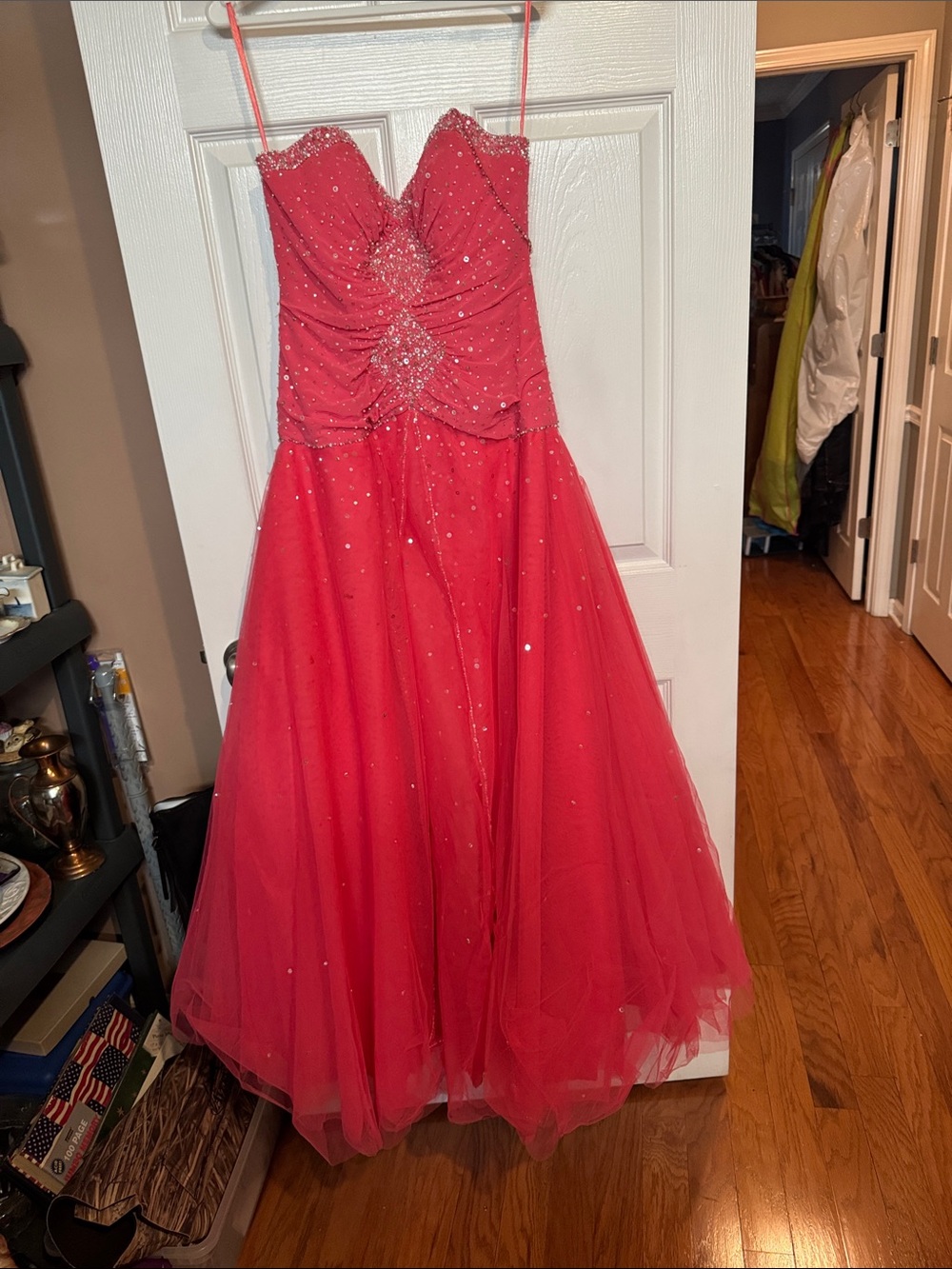 Strapless Red Beaded Tulle Ball Gown
